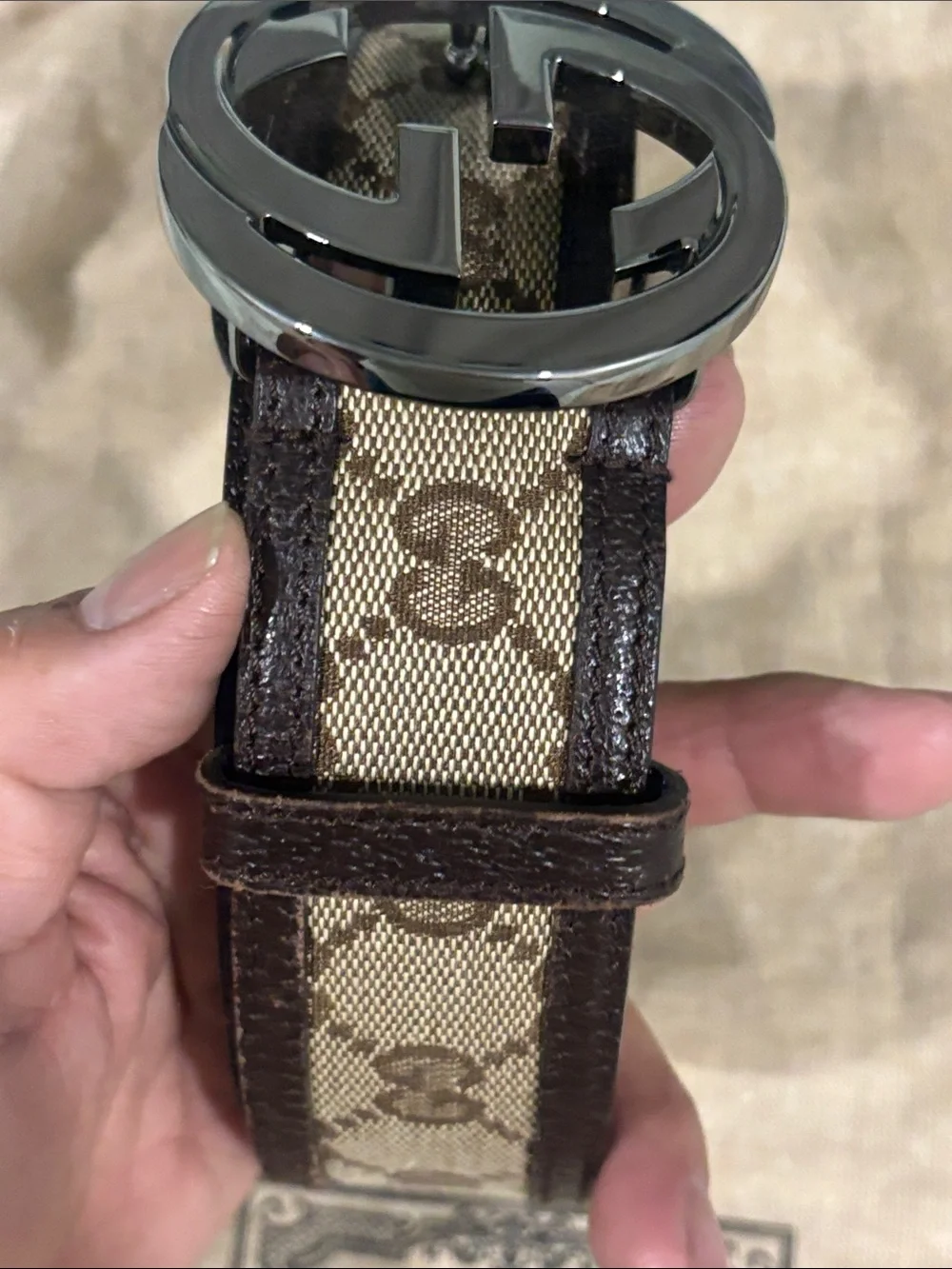 Gucci Brown Monogram GG Canvas Belt with Silver Interlocking GG Buckle